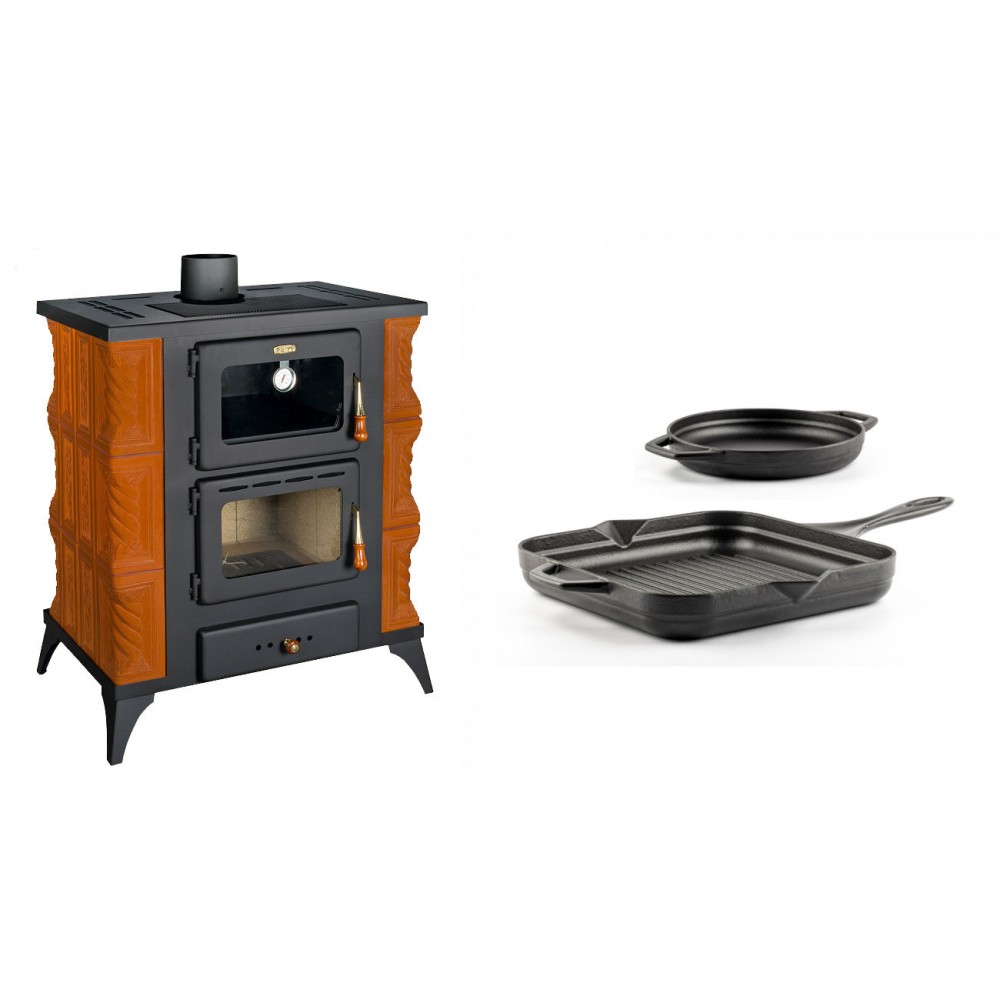 Set Kaminofen, Holzofen mit Backfach Prity, Modell FMS RK, Leistung 12kW, Keramikverkleidung, Füße + Gusseisen Topf Set aus 2 teilen Solagio, Black Onyx | Holzofen | Kaminofen |