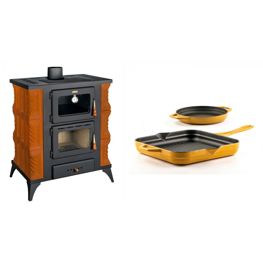 Set Kaminofen, Holzofen mit Backfach Prity, Modell FMS RK, Leistung 12kW, Keramikverkleidung, Füße + Gusseisen Topf Set aus 2 teilen Solagio, Dijon | Holzofen | Kaminofen |