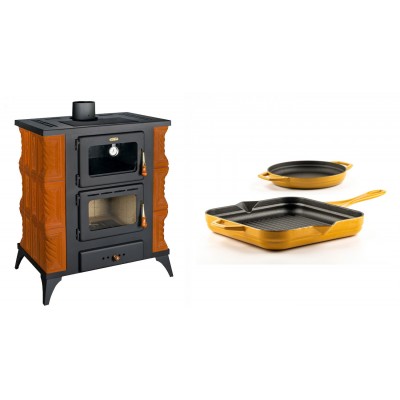 Set Kaminofen, Holzofen mit Backfach Prity, Modell FMS RK, Leistung 12kW, Keramikverkleidung, Füße + Gusseisen Topf Set aus 2 teilen Solagio, Dijon - Kaminofen - Holzofen mit Backfach