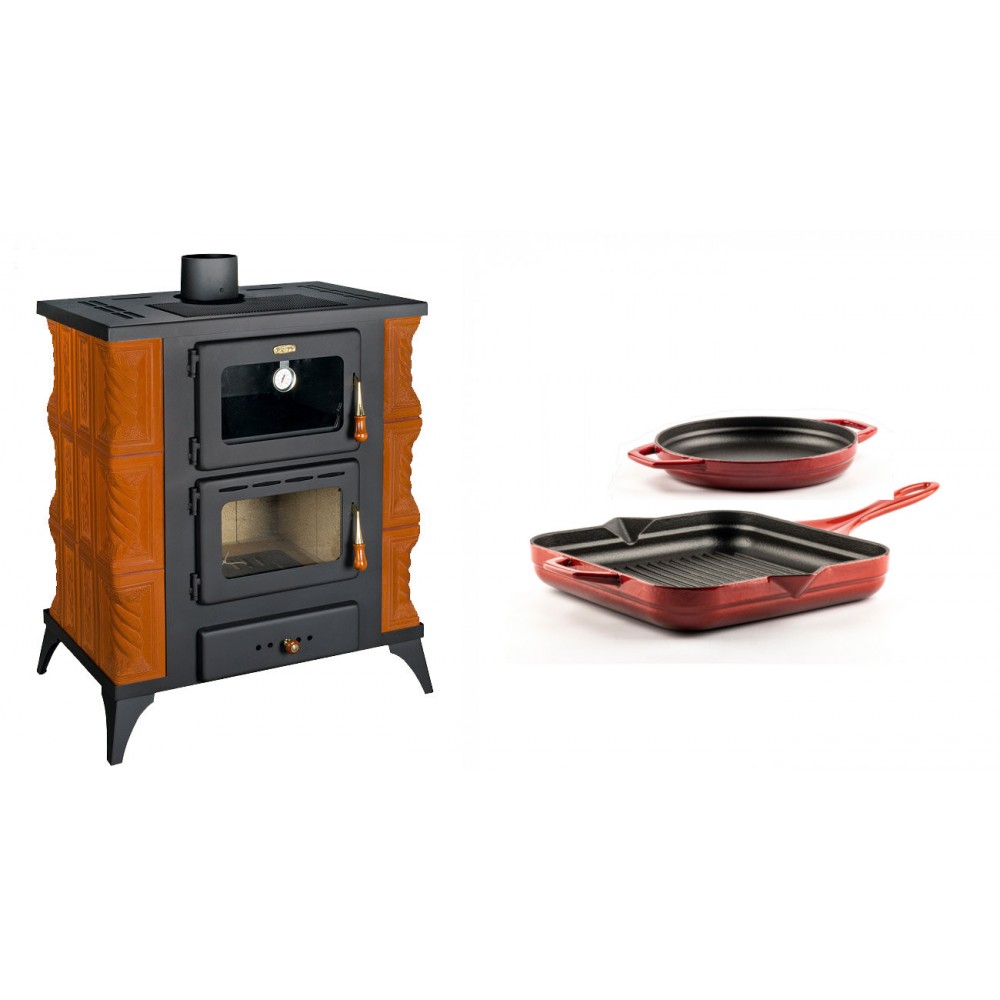 Set Kaminofen, Holzofen mit Backfach Prity, Modell FMS RK, Leistung 12kW, Keramikverkleidung, Füße + Gusseisen Topf Set aus 2 teilen Solagio, Rubin