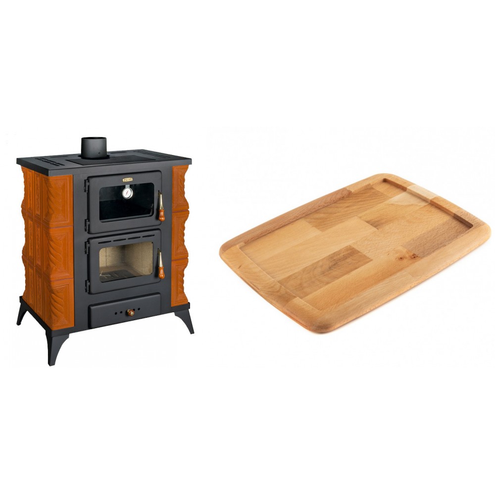 Set Kaminofen, Holzofen mit Backfach Prity, Modell FMS RK, Leistung 12kW, Keramikverkleidung, Füße + Holz untersetzer für gusseisenplatte Solagio HSST2131 | Holzofen | Kaminofen |