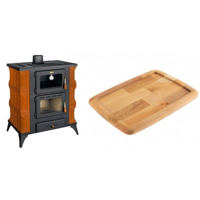Set Kaminofen, Holzofen mit Backfach Prity, Modell FMS RK, Leistung 12kW, Keramikverkleidung, Füße + Holz untersetzer für gusseisenplatte Solagio HSST2131 - Kaminofen - Holzofen mit Backfach