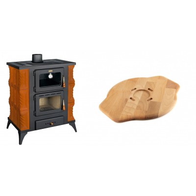 Set Kaminofen, Holzofen mit Backfach Prity, Modell FMS RK, Leistung 12kW, Keramikverkleidung, Füße + Holz untersetzer für Gusseisenplatte Solagio HSYSAK28 - Kaminofen - Holzofen mit Backfach