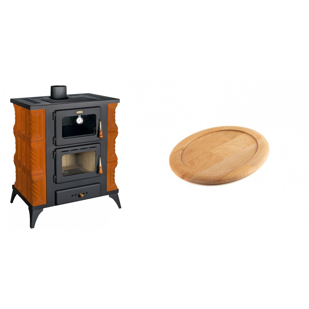 Set Kaminofen, Holzofen mit Backfach Prity, Modell FMS RK, Leistung 12kW, Keramikverkleidung, Füße + Holz untersetzer für ovale gusseisenpfanne Solagio HSFT1825 | Holzofen | Kaminofen |