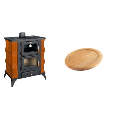 Set Kaminofen, Holzofen mit Backfach Prity, Modell FMS RK, Leistung 12kW, Keramikverkleidung, Füße + Holz untersetzer für ovale gusseisenpfanne Solagio HSFT1825 - Kaminofen - Holzofen mit Backfach