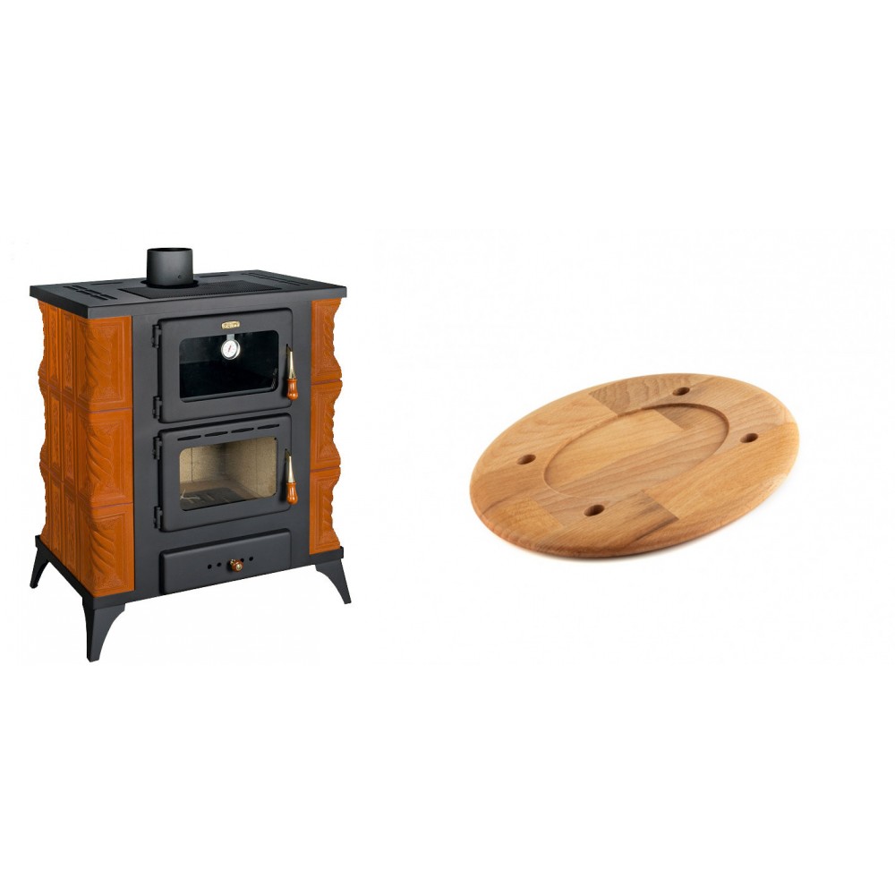 Set Kaminofen, Holzofen mit Backfach Prity, Modell FMS RK, Leistung 12kW, Keramikverkleidung, Füße + Holz untersetzer für ovale platte Solagio HSOISK1728, 17x28cm | Holzofen | Kaminofen |