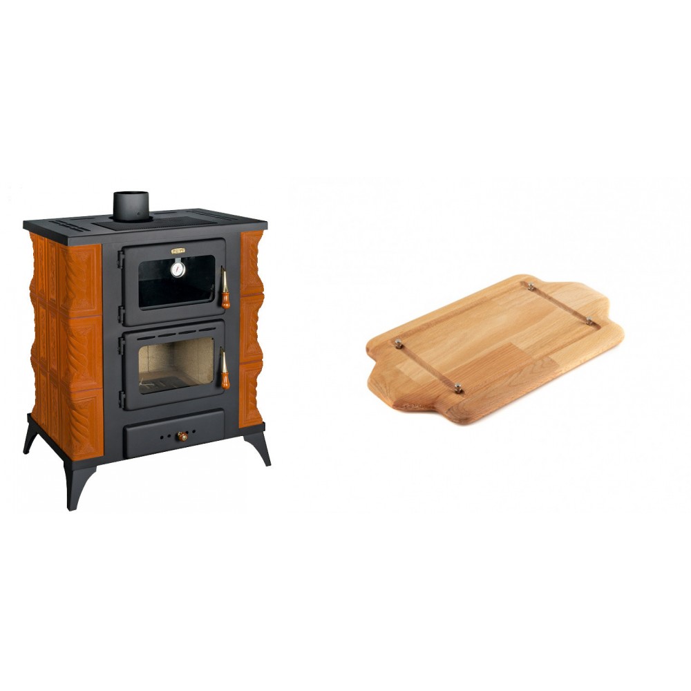 Set Kaminofen, Holzofen mit Backfach Prity, Modell FMS RK, Leistung 12kW, Keramikverkleidung, Füße + Holz untersetzer für mini-gusseisenplatte Solagio HSDDHP1522