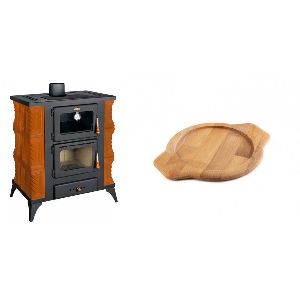 Set Kaminofen, Holzofen mit Backfach Prity, Modell FMS RK, Leistung 12kW, Keramikverkleidung, Füße + Holz untersetzer für gusseisenschüssel Solagio HSYKTV22 | Holzofen | Kaminofen |