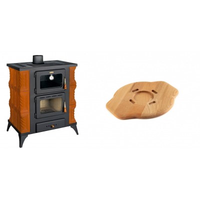 Set Kaminofen, Holzofen mit Backfach Prity, Modell FMS RK, Leistung 12kW, Keramikverkleidung, Füße + Holz untersetzer für gusseisenplatte Solagio HSYSAK20 - Kaminofen - Holzofen mit Backfach