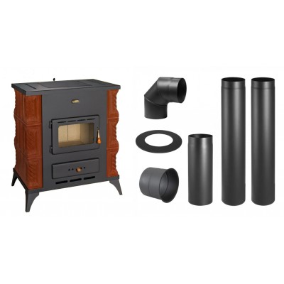 Set Kaminofen, Holzofen Prity, Modell K2 RK Braun, Leistung 10kW, Keramikverkleidung, Füße + Schornstein Bausatz PARKANEX, Stahl Ø130, Dicke 2mm - Prity