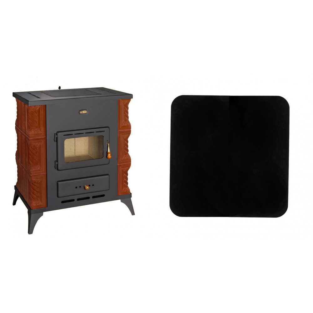 Set Kaminofen, Holzofen Prity, Modell K2 RK Braun, Leistung 10kW, Keramikverkleidung, Füße + Funkenschutzplatte Stahl 2mm, Größe 98x98cm
