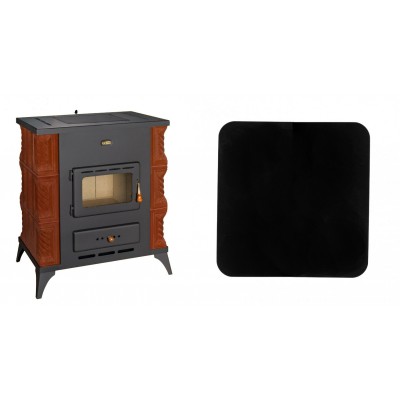 Set Kaminofen, Holzofen Prity, Modell K2 RK Braun, Leistung 10kW, Keramikverkleidung, Füße + Funkenschutzplatte Stahl 2mm, Größe 98x98cm - Prity