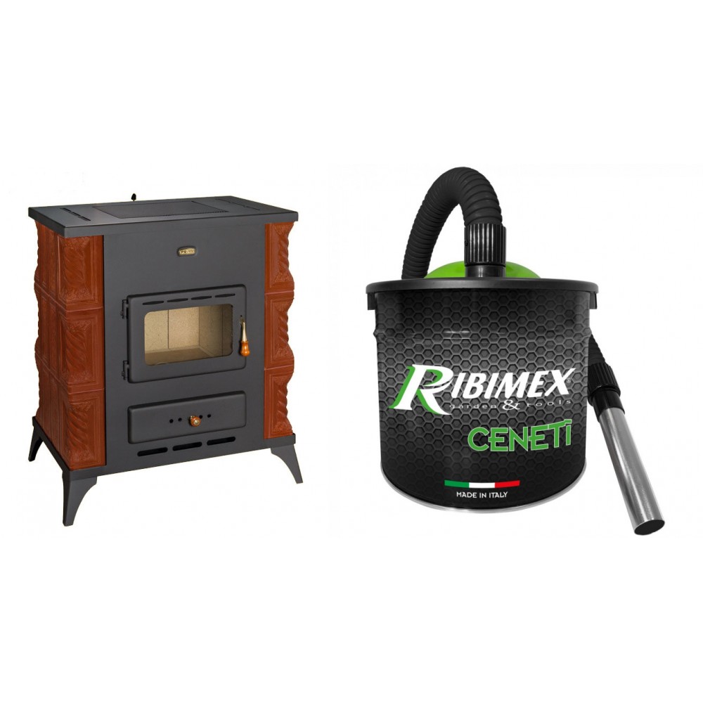 Set Kaminofen, Holzofen Prity, Modell K2 RK Braun, Leistung 10kW, Keramikverkleidung, Füße + Elektrischer Aschesauger Ribimex, Modell Cenetì, Fassungsvermögen 15 L
