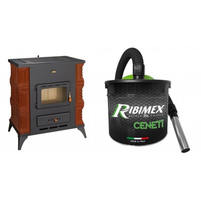Set Kaminofen, Holzofen Prity, Modell K2 RK Braun, Leistung 10kW, Keramikverkleidung, Füße + Elektrischer Aschesauger Ribimex, Modell Cenetì, Fassungsvermögen 15 L - Prity