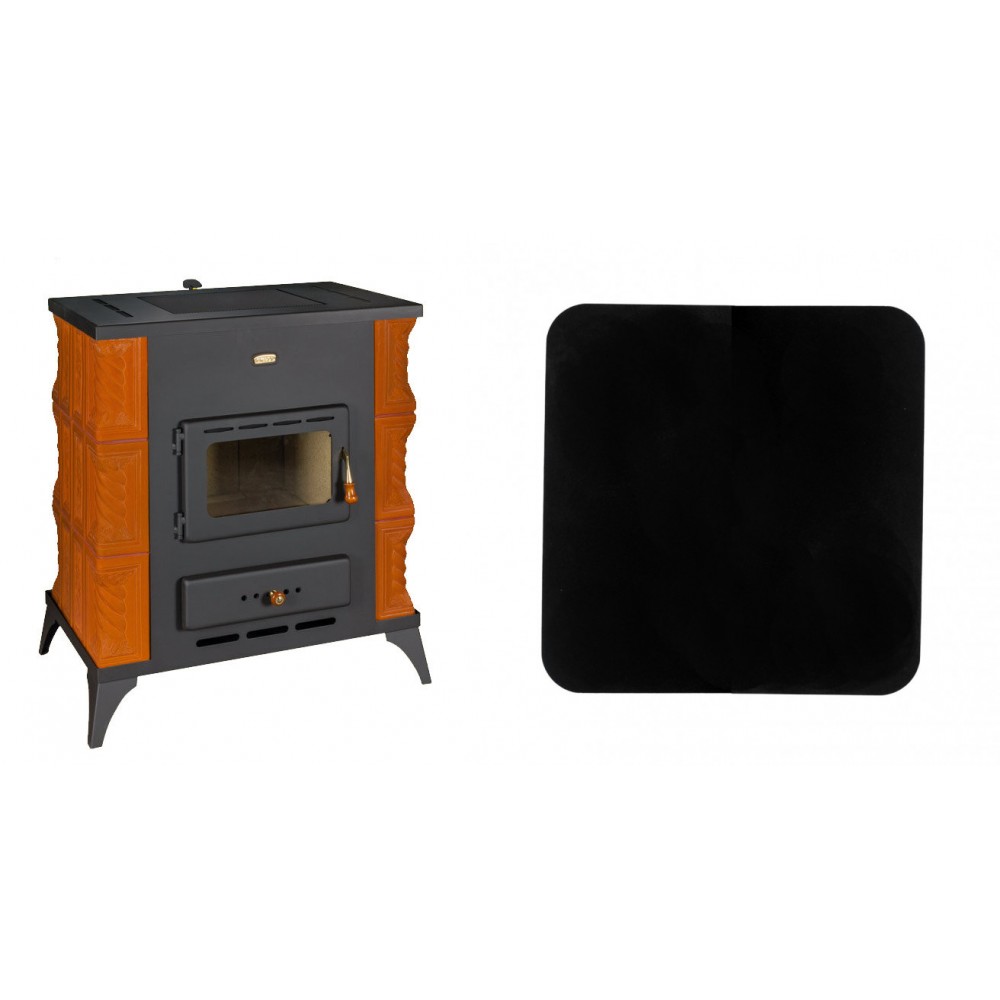 Set Kaminofen, Holzofen Prity, Modell K2 RK, Leistung 10kW, Keramikverkleidung, Füße + Funkenschutzplatte Stahl 2mm, Größe 98x98cm