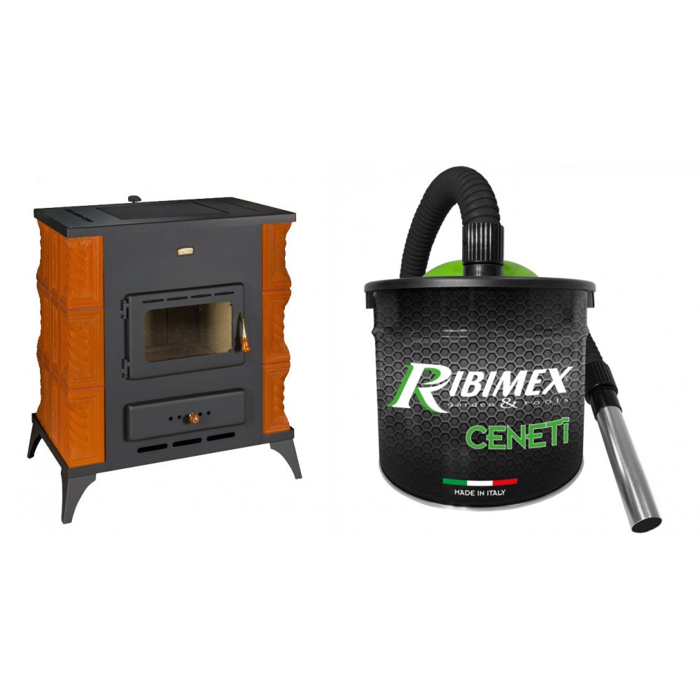 Set Kaminofen, Holzofen Prity, Modell K2 RK, Leistung 10kW, Keramikverkleidung, Füße + Elektrischer Aschesauger Ribimex, Modell Cenetì, Fassungsvermögen 15 L | Küchenofen / Küchenhexe Prity | Kaminofen |