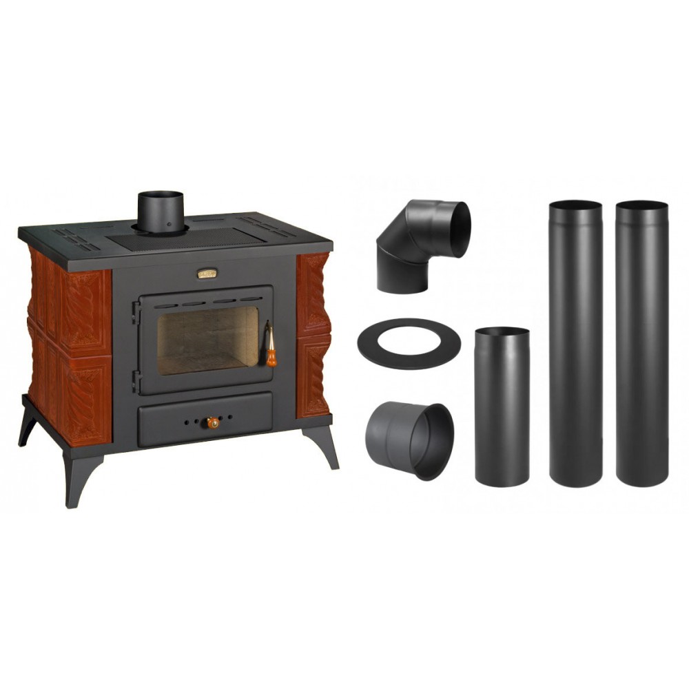 Set Kaminofen, Holzofen Prity, Modell K1 RK Braun, Leistung 9kW, Keramikverkleidung, Füße + Schornstein Bausatz PARKANEX, Stahl Ø130, Dicke 2mm