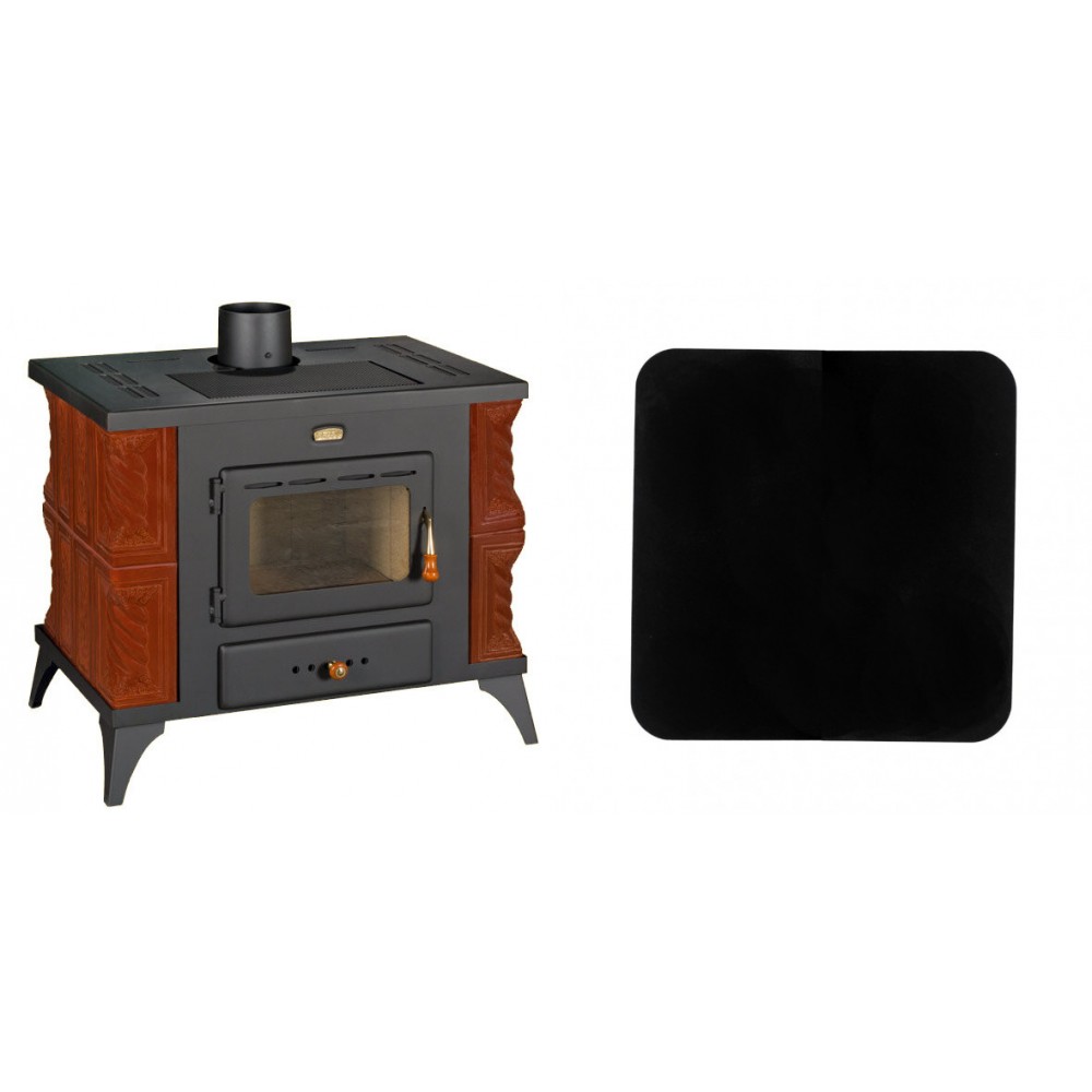 Set Kaminofen, Holzofen Prity, Modell K1 RK Braun, Leistung 9kW, Keramikverkleidung, Füße + Funkenschutzplatte Stahl 2mm, Größe 98x98cm | Holzofen | Kaminofen |