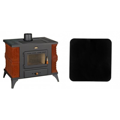 Set Kaminofen, Holzofen Prity, Modell K1 RK Braun, Leistung 9kW, Keramikverkleidung, Füße + Funkenschutzplatte Stahl 2mm, Größe 98x98cm - Prity