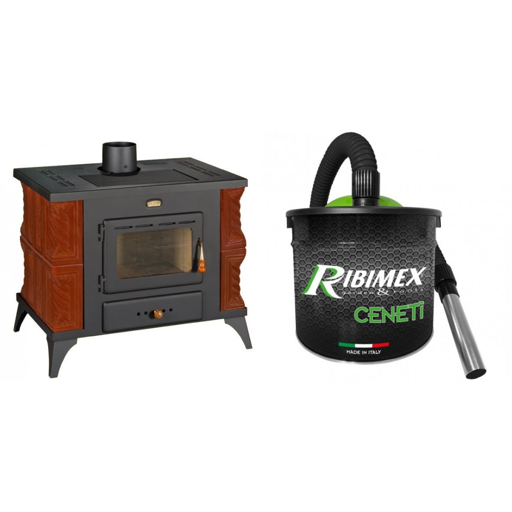 Set Kaminofen, Holzofen Prity, Modell K1 RK Braun, Leistung 9kW, Keramikverkleidung, Füße + Elektrischer Aschesauger Ribimex, Modell Cenetì, Fassungsvermögen 15 L | Holzofen | Kaminofen |