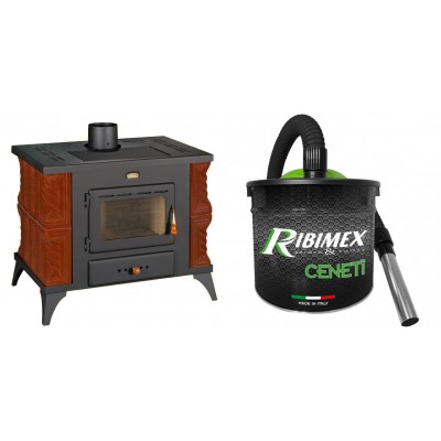 Set Kaminofen, Holzofen Prity, Modell K1 RK Braun, Leistung 9kW, Keramikverkleidung, Füße + Elektrischer Aschesauger Ribimex, Modell Cenetì, Fassungsvermögen 15 L - Prity