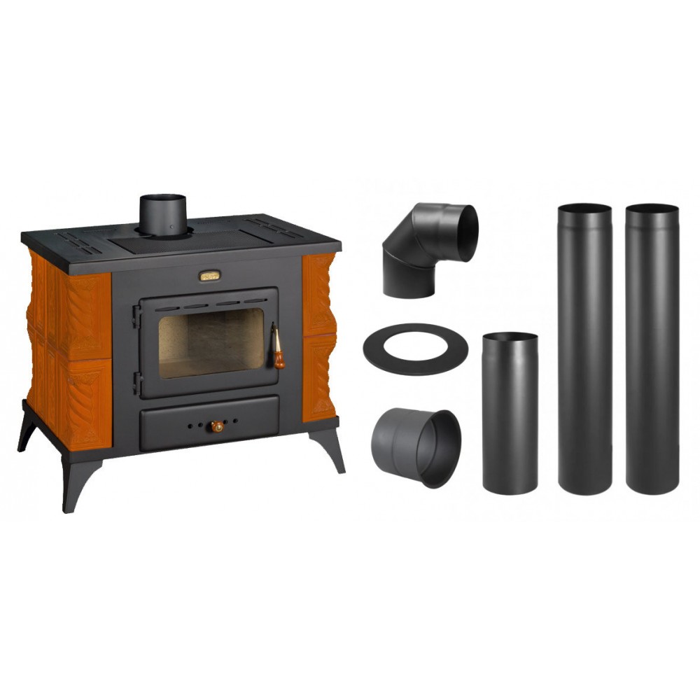 Set Kaminofen, Holzofen Prity, Modell K1 RK, Leistung 9kW, Keramikverkleidung, Füße + Schornstein Bausatz PARKANEX, Stahl Ø130, Dicke 2mm | Holzofen | Kaminofen |