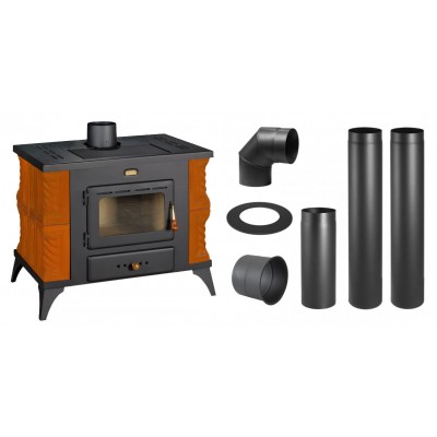 Set Kaminofen, Holzofen Prity, Modell K1 RK, Leistung 9kW, Keramikverkleidung, Füße + Schornstein Bausatz PARKANEX, Stahl Ø130, Dicke 2mm - Prity