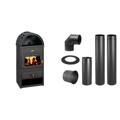 Set Kaminofen, Holzofen Prity, Modell K1 K, Leistung 9.5 kW, Gewölbt + Schornstein Bausatz PARKANEX, Stahl Ø130, Dicke 2mm - Prity