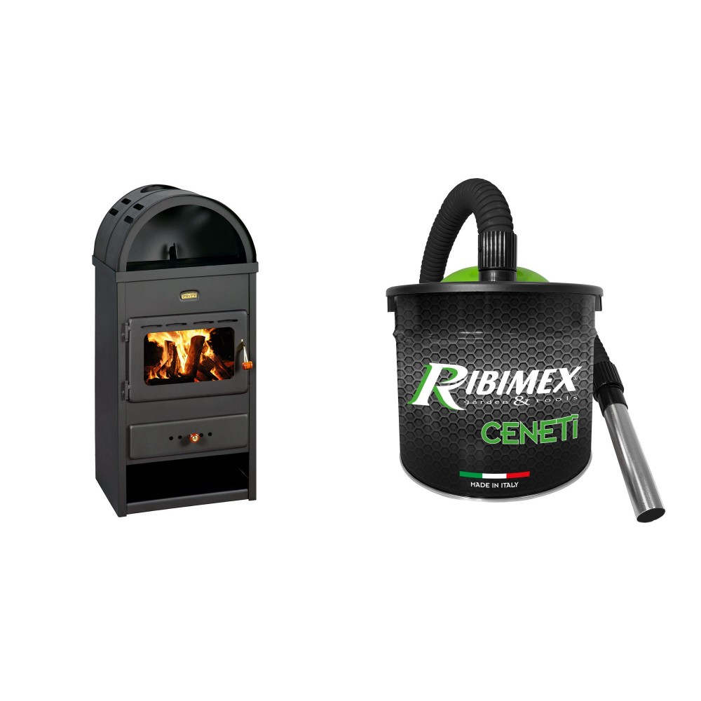 Set Kaminofen, Holzofen Prity, Modell K1 K, Leistung 9.5 kW, Gewölbt + Elektrischer Aschesauger Ribimex, Modell Cenetì, Fassungsvermögen 15 L