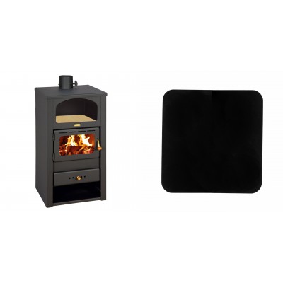Set Kaminofen, Holzofen Prity, Modell K2, Leistung 10.4kW, Nische, gewölbt + Funkenschutzplatte Stahl 2mm, Größe 98x98cm - Prity