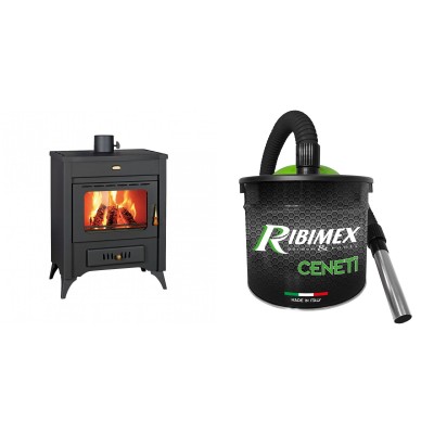 Set Kaminofen, Holzofen Prity Modell MR, Leistung 10 kW + Elektrischer Aschesauger Ribimex, Modell Cenetì, Fassungsvermögen 15 L - Prity