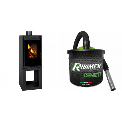 Set Holzofen Prity, Modell PMV TV, Leistung 11kW + Elektrischer Aschesauger Ribimex, Modell Cenetì, Fassungsvermögen 15 L - Prity