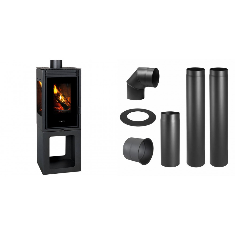 Set Holzofen Prity, Modell PMV3 E, Leistung 10.8, Panoramablick + Schornstein Bausatz PARKANEX, Stahl Ø150, Dicke 2mm