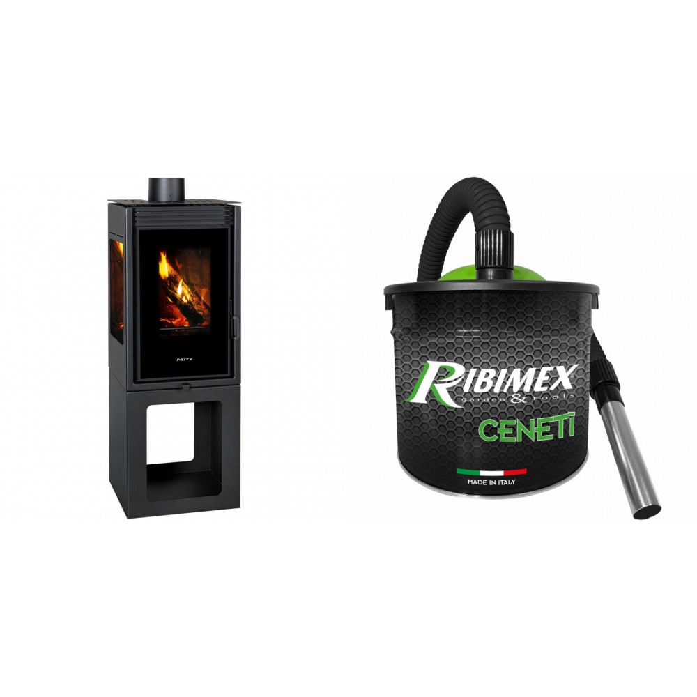 Set Holzofen Prity, Modell PMV3 E, Leistung 10.8, Panoramablick + Elektrischer Aschesauger Ribimex, Modell Cenetì, Fassungsvermögen 15 L | Holzofen | Kaminofen |