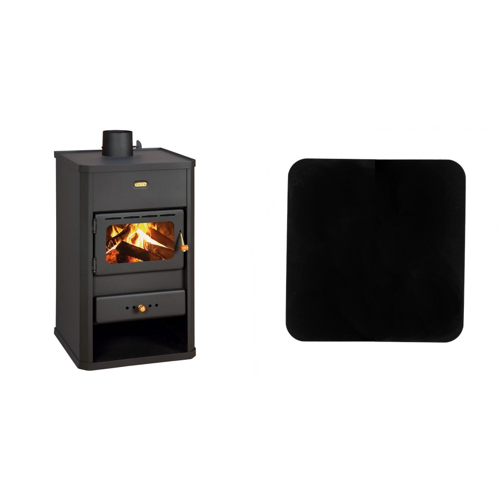 Set Kaminofen, Holzofen Prity, Modell S1, Leistung 10.4kW + Funkenschutzplatte Stahl 2mm, Größe 98x98cm