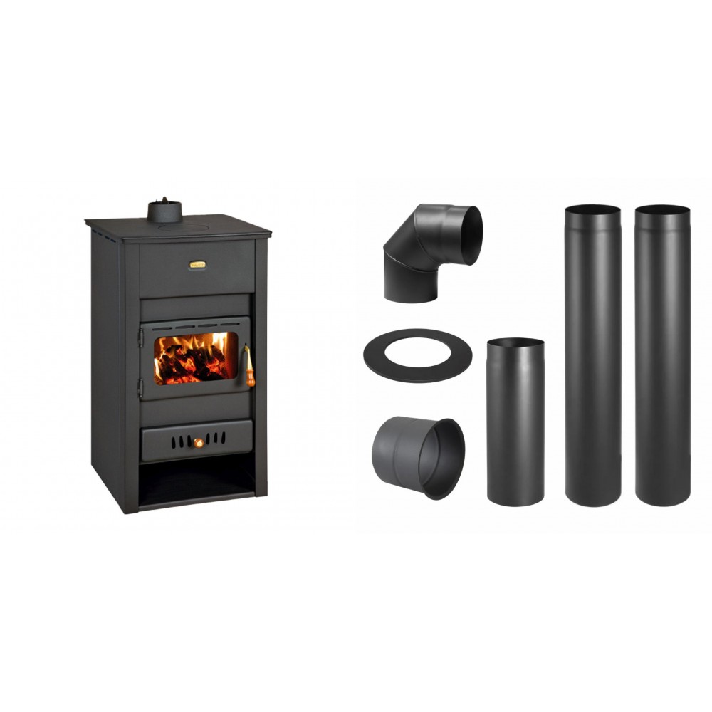 Set Kaminofen, Holzofen Wasserführend Prity, Modell K2 CP W13, Obere Platte aus Gusseisen, Leistung 15kW + Schornstein Bausatz PARKANEX, Stahl Ø130, Dicke 2mm | Wasserführender Kaminofen | Kaminofen |