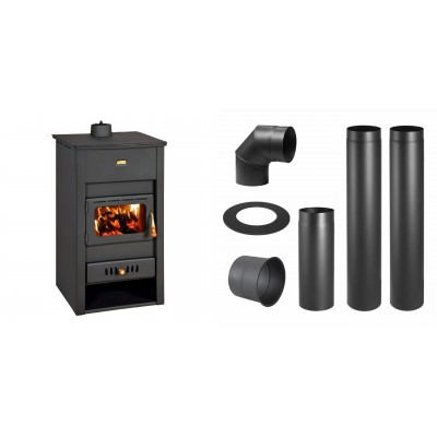 Set Kaminofen, Holzofen Wasserführend Prity, Modell K2 CP W13, Obere Platte aus Gusseisen, Leistung 15kW + Schornstein Bausatz PARKANEX, Stahl Ø130, Dicke 2mm - Prity