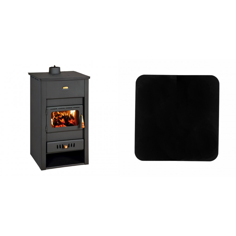 Set Kaminofen, Holzofen Wasserführend Prity, Modell K2 CP W13, Obere Platte aus Gusseisen, Leistung 15kW + Funkenschutzplatte Stahl 2mm, Größe 98x98cm