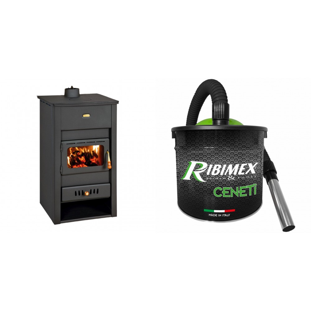 Set Kaminofen, Holzofen Wasserführend Prity, Modell K2 CP W13, Obere Platte aus Gusseisen, Leistung 15kW + Elektrischer Aschesauger Ribimex, Modell Cenetì, Fassungsvermögen 15 L | Kaminofen Prity | Prity |