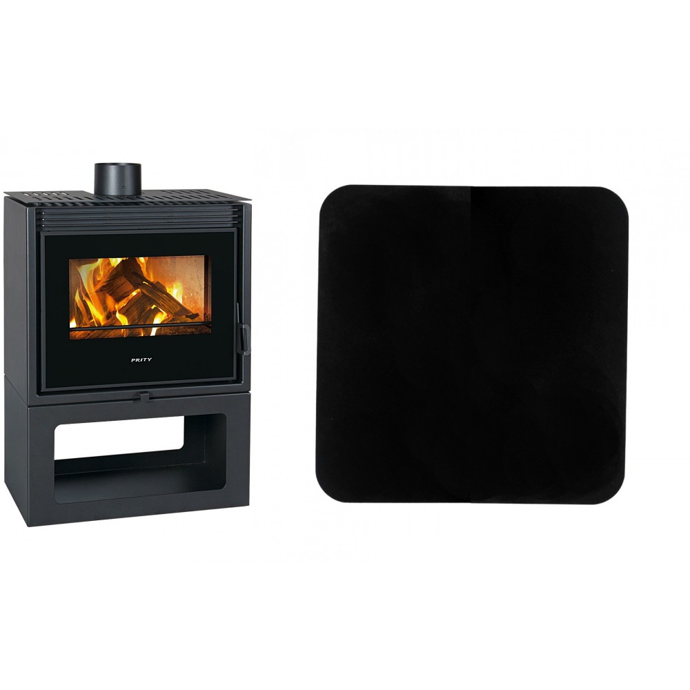 Set Kaminofen, Holzofen Prity, Modell PM TV, Leistung 13 kW + Funkenschutzplatte Stahl 2mm, Größe 98x98cm