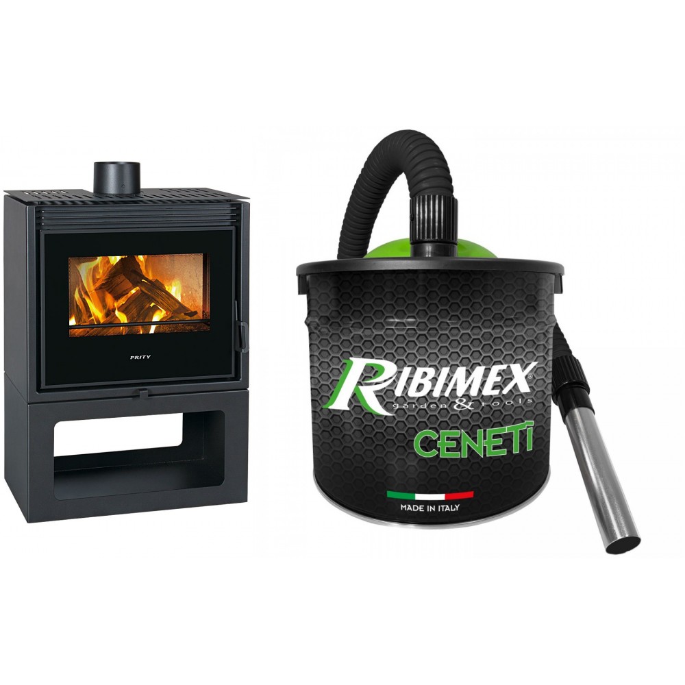 Set Kaminofen, Holzofen Prity, Modell PM TV, Leistung 13 kW + Elektrischer Aschesauger Ribimex, Modell Cenetì, Fassungsvermögen 15 L