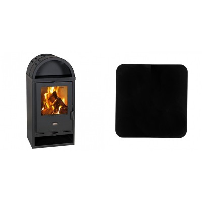 Set Kaminofen, Holzofen Prity Modell K1K D, Leistung 9.5 kW + Funkenschutzplatte Stahl 2mm, Größe 98x98cm - Prity