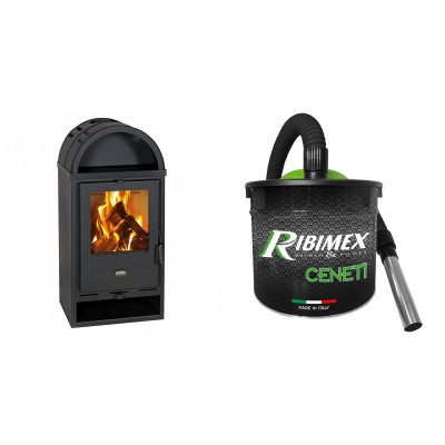 Set Kaminofen, Holzofen Prity Modell K1K D, Leistung 9.5 kW + Elektrischer Aschesauger Ribimex, Modell Cenetì, Fassungsvermögen 15 L - Prity
