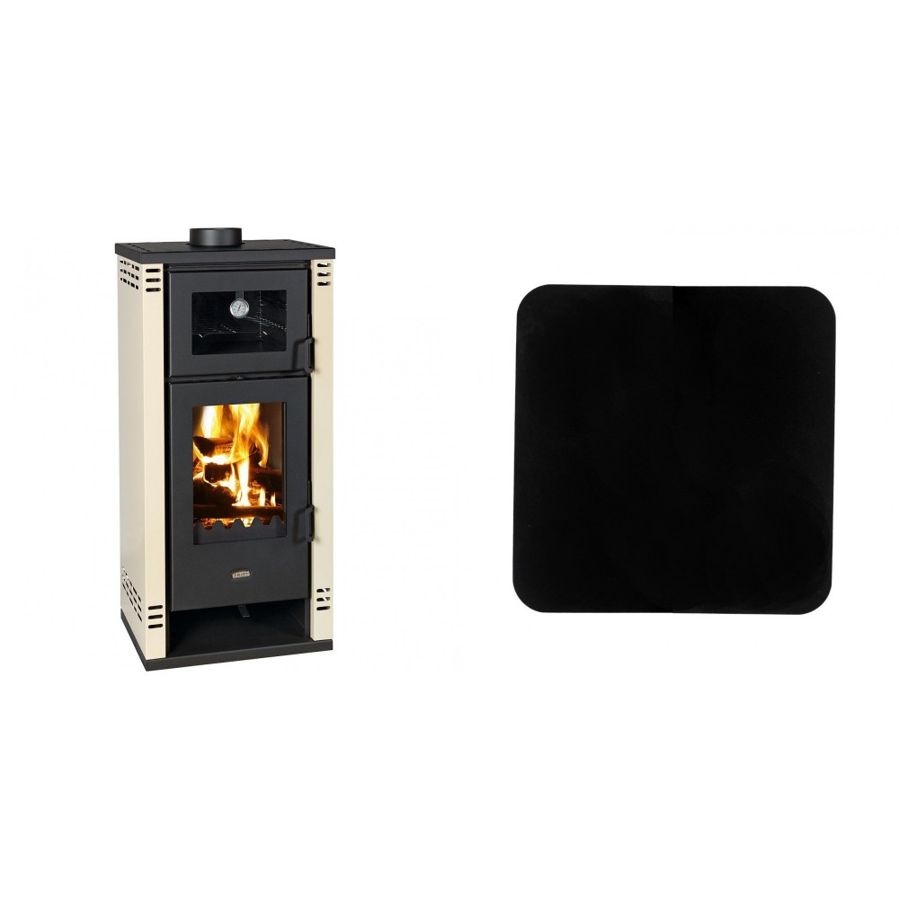 Set Kaminofen, Holzofen mit Backfach Prity K2 GT F, 8.1 kW + Funkenschutzplatte Stahl 2mm, Größe 98x98cm