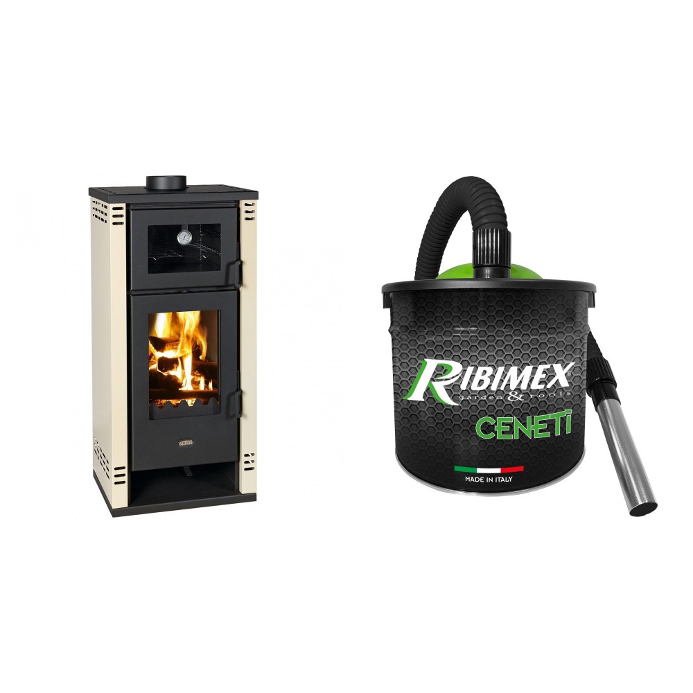 Set Kaminofen, Holzofen mit Backfach Prity K2 GT F, 8.1 kW + Elektrischer Aschesauger Ribimex, Modell Cenetì, Fassungsvermögen 15 L | Holzofen | Kaminofen |
