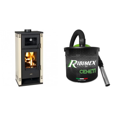 Set Kaminofen, Holzofen mit Backfach Prity K2 GT F, 8.1 kW + Elektrischer Aschesauger Ribimex, Modell Cenetì, Fassungsvermögen 15 L - Kaminofen - Holzofen mit Backfach