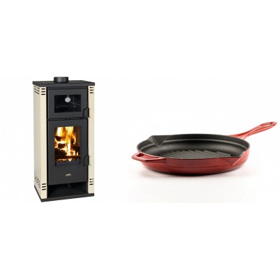 Set Kaminofen, Holzofen mit Backfach Prity K2 GT F, 8.1 kW + Emaillierte grillpfanne Gusseisen Solagio, Rubin, Ф28cm - Kaminofen - Holzofen mit Backfach