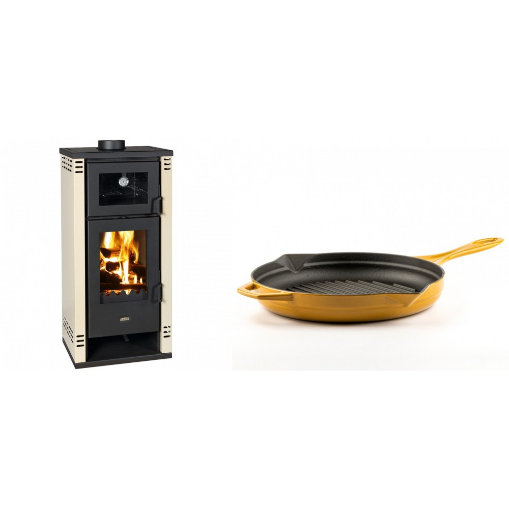 Set Kaminofen, Holzofen mit Backfach Prity K2 GT F, 8.1 kW + Emaillierte grillpfanne Gusseisen Solagio, Dijon, Ф28cm