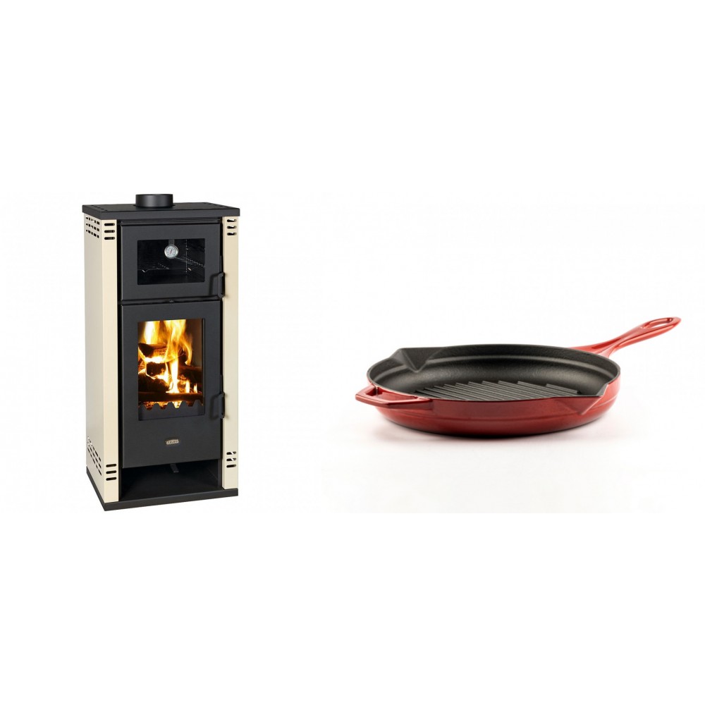 Set Kaminofen, Holzofen mit Backfach Prity K2 GT F, 8.1 kW + Emaillierte grillpfanne Gusseisen Solagio, Rubin, Ф24cm | Holzofen | Kaminofen |