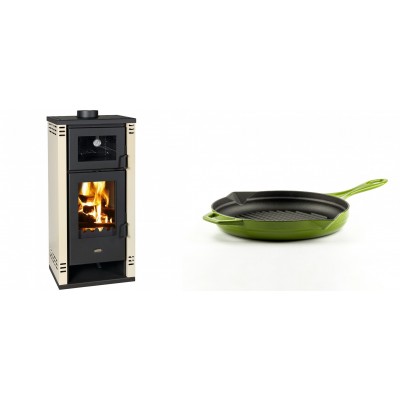 Set Kaminofen, Holzofen mit Backfach Prity K2 GT F, 8.1 kW + Emaillierte grillpfanne Gusseisen Solagio, Bamboo, Ф24cm - Kaminofen - Holzofen mit Backfach